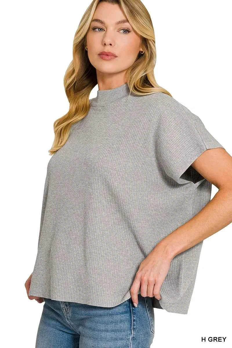 Zenana Viscose Mock Neck Short Sleeve Boxy Sweater