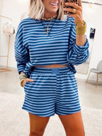Striped Drop Shoulder Long Sleeve Pullover with Elastic Waist Casual Two-Piece Short Set