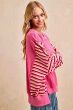 BiBi Women Sweatshirt Pink French Terry Red Stripe Combo with Open Seam Top b641427deebd46d5b045efd00ae6b5c9-Max-Origin Trendsi