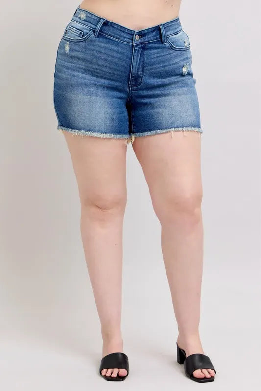 Judy Blue V-Front Denim Shorts with Shield Pockets Medium Washed b6426116-b64b-4fc1-bdda-4b22a22bdf0d-Max-Origin Trendsi