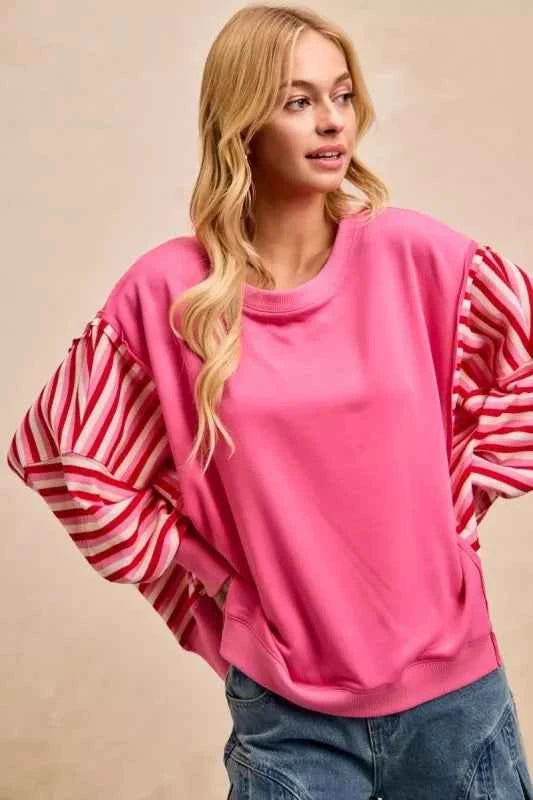BiBi Women Sweatshirt Pink French Terry Red Stripe Combo with Open Seam Top b64d4693d8ad4215ba99b0dc7f58a0e1-Max-Origin Trendsi