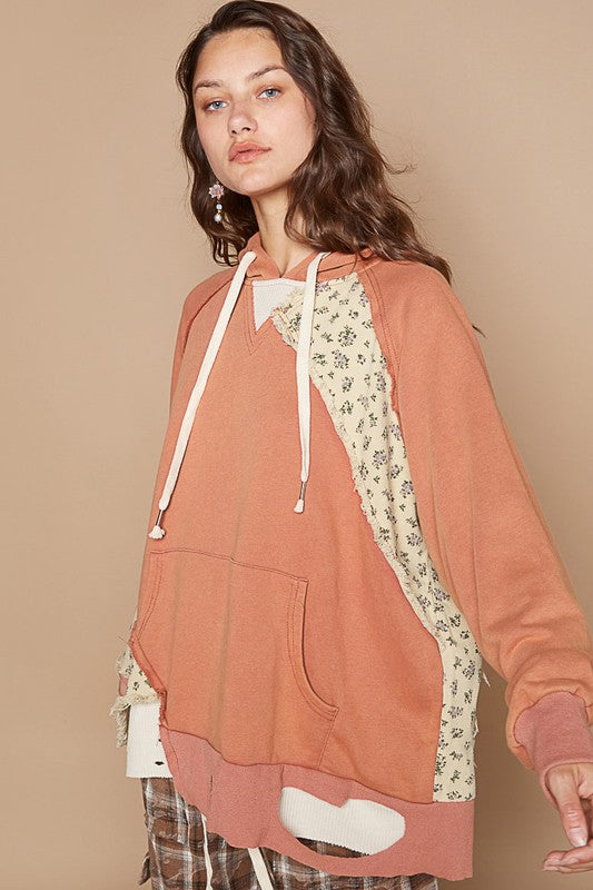 POL Hoodie Floral Ochre Patchwork Hooded Oversized Pocketed Long Sleeve