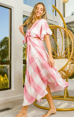 BiBi Checkered Midi Dress Pink Front Tied Puff Short Sleeve with Cut Out Detail b6674284-33d2-410f-9a1b-c2e359a61e71-Max-Origin Trendsi