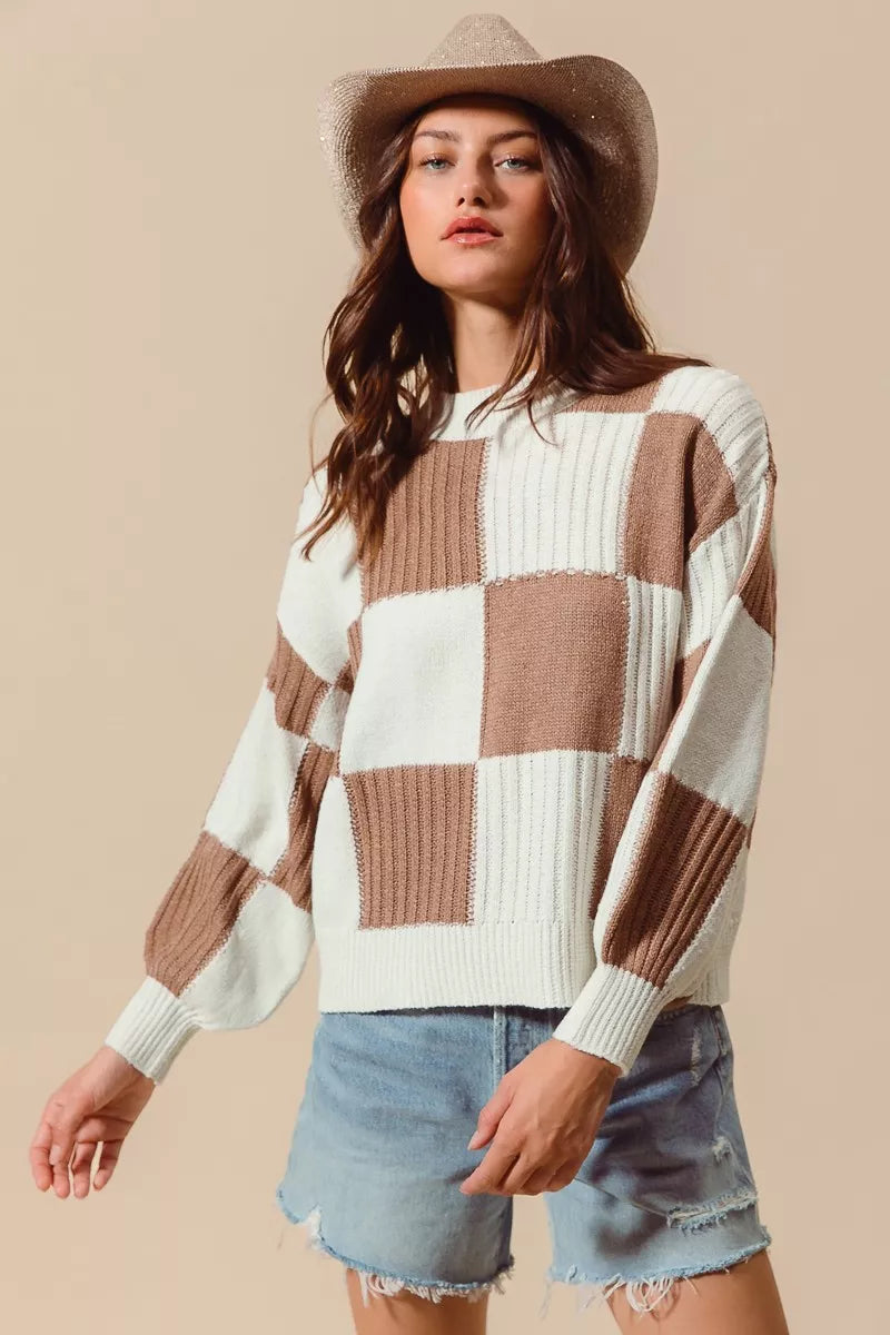 SO ME Ribbed Color Block Checkered Plaid Sweater b67376dfc47e497bb6ba34ca6fbd8b15-Max-Origin Trendsi