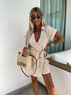 Women's Romper Surplice Bow Tie Waist Short Sleeve Collared Jumpsuit b6948630d51a4e22aa6d30d3b3633201-Max-Origin Trendsi