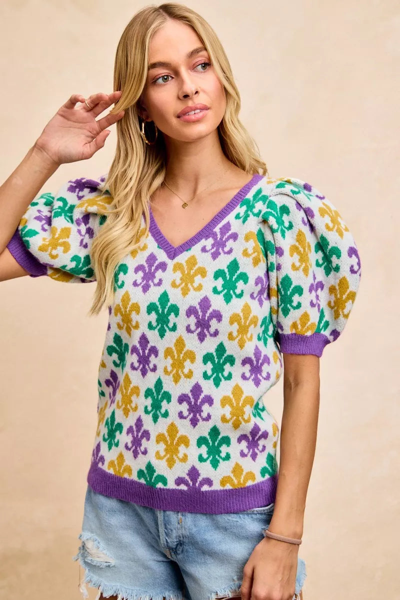 BiBi Women V Neck Knit Top Mardi Gras Fleur De Lis Patterned Short Sleeve b69605abd55c4dd6beea225d3f6b3696-Max-Origin Trendsi