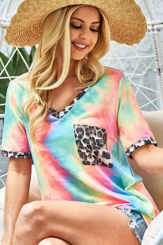 BiBi Women T-shirt Tie Dye Pastel Print V Neck Top With Front Patch Pocket PASTEL TIEDYE b6a3cee9d39b49278381dd7376a81efe-Max-Origin Trendsi