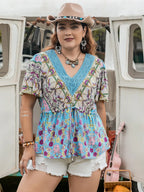 Plus Size V-Neck Short Sleeve Blouse with Ruched and Lace Detail, 100% Viscose
