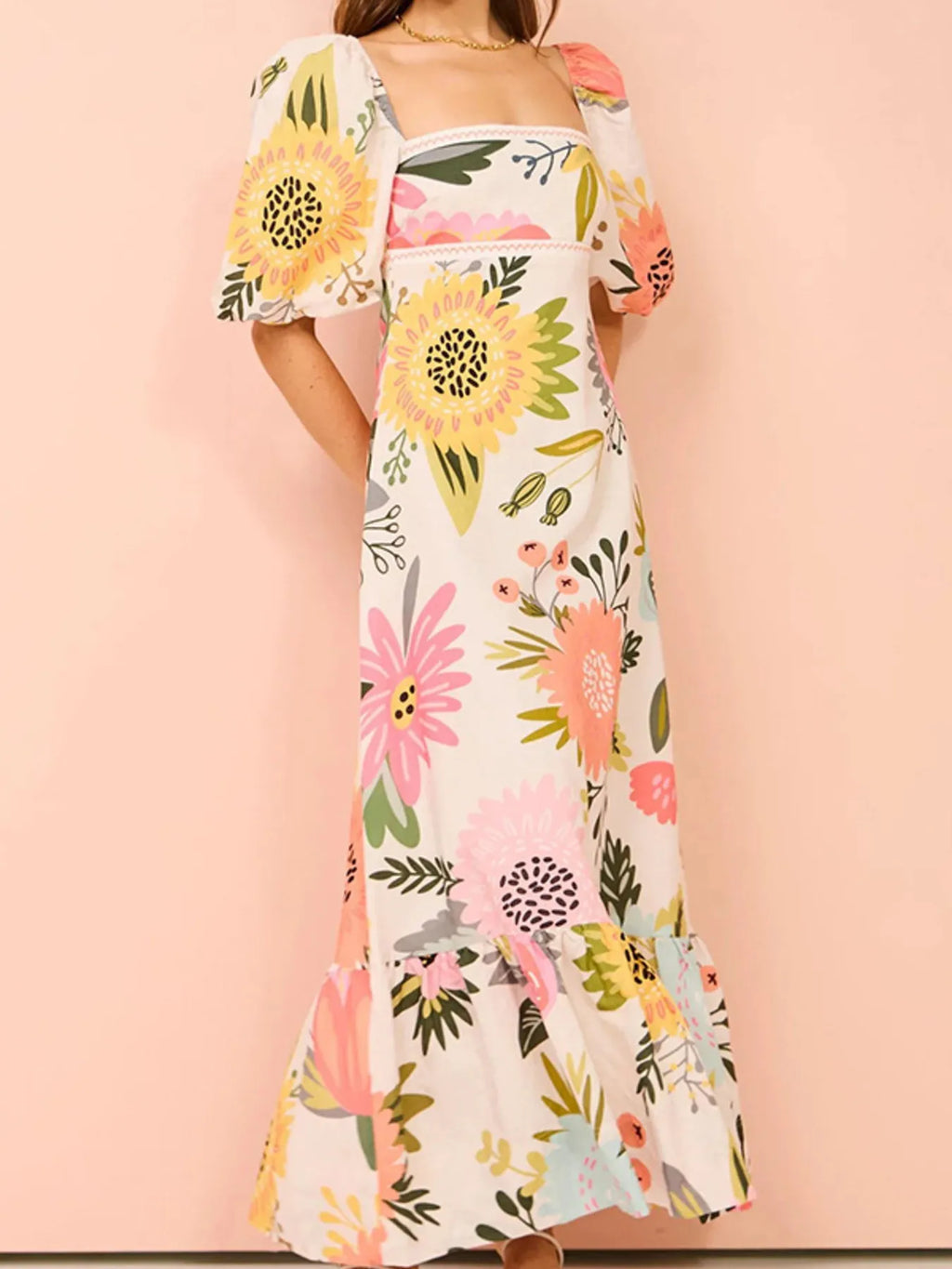 Maxi Dress Floral Square Neck Puff Short Sleeve with Ruffle Hem b6b169ce121045f388da215e83135057-Max-Origin Trendsi