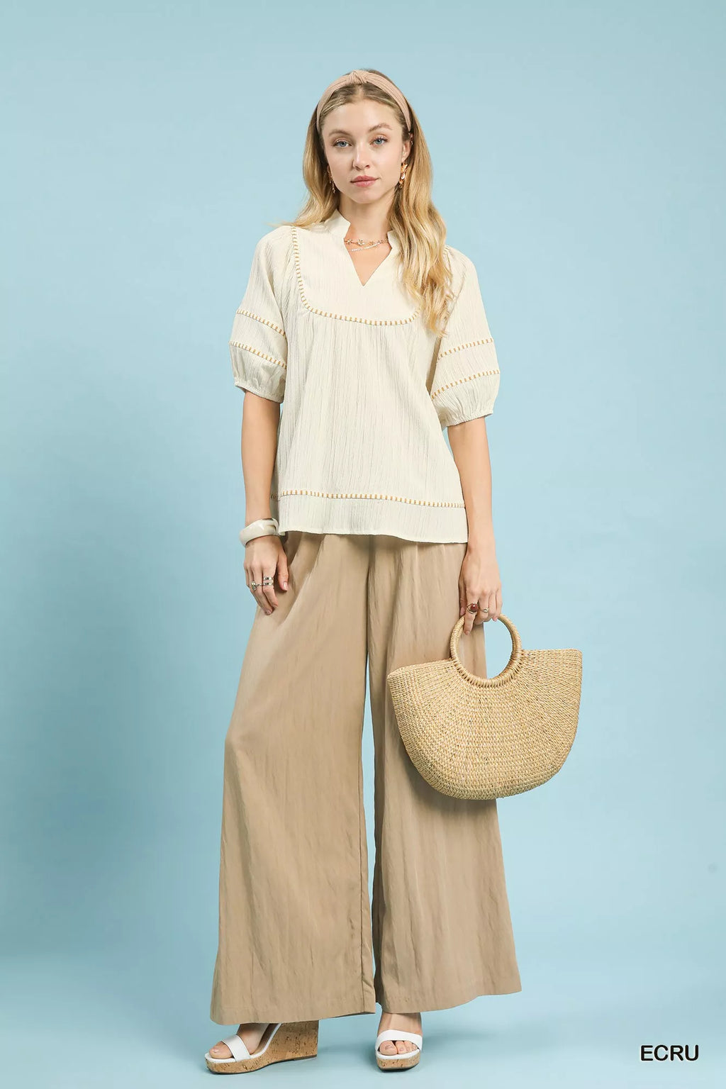 Umgee Womens Blouse Ecru Textured Short Sleeve Top with Contrast Trim b6b7cafc-6e9d-45b3-ad83-31ea1eba76eb-Max-Origin Trendsi