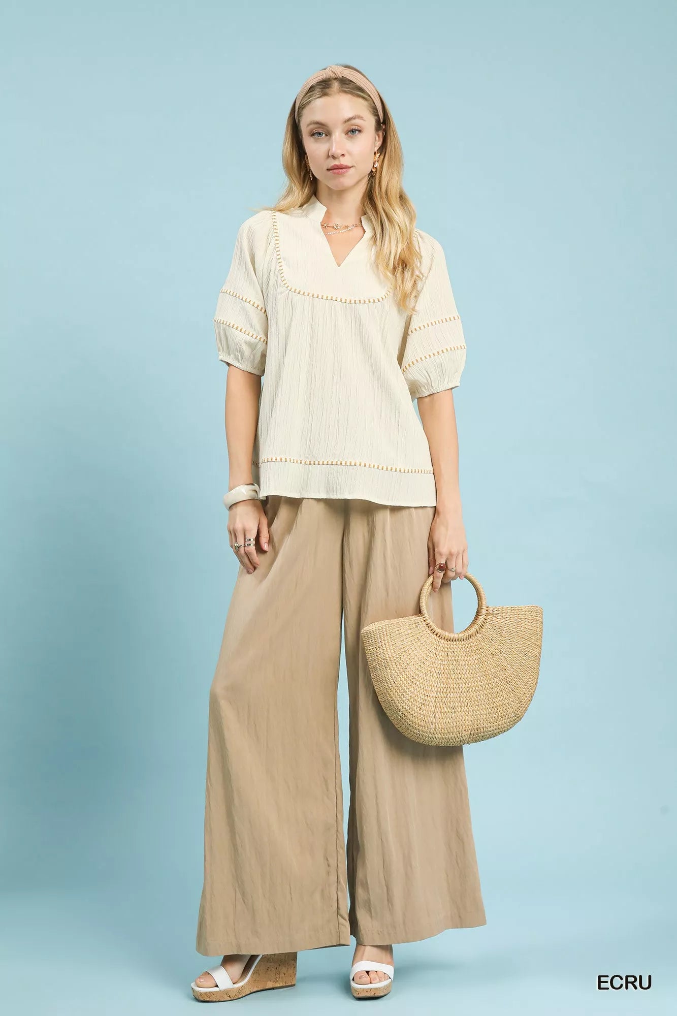 Umgee Womens Blouse Ecru Textured Short Sleeve Top with Contrast Trim b6b7cafc-6e9d-45b3-ad83-31ea1eba76eb-Max-Origin Trendsi