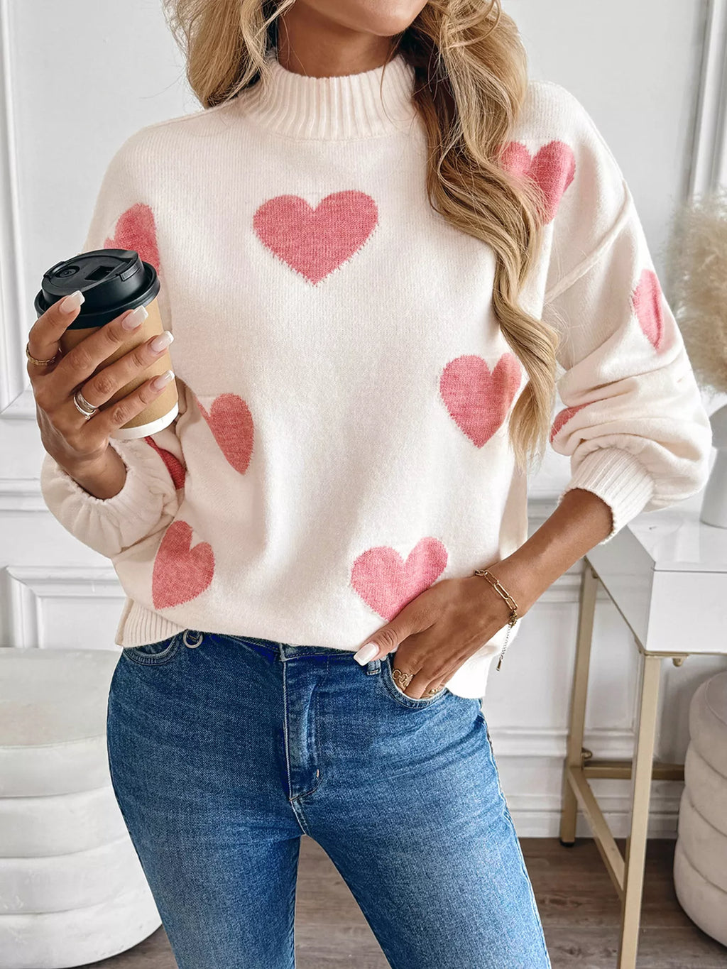 Women's Sweater Heart Mock Neck Long Sleeve Soft Knit Pullover b6c511f3cbb84ba5b547413bc8fc34a7-Max-Origin Trendsi