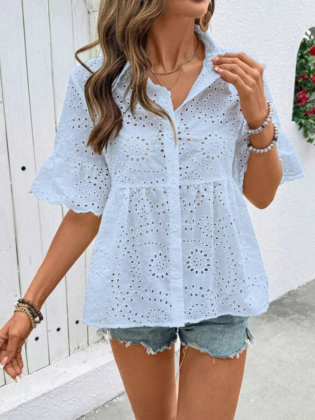 Lace Eyelet Women's Shirts Collared Neck Half Ruffle Sleeve Tops b6c5fc82-fb64-4913-a738-ac5cef4e4d03-Max-Origin Trendsi