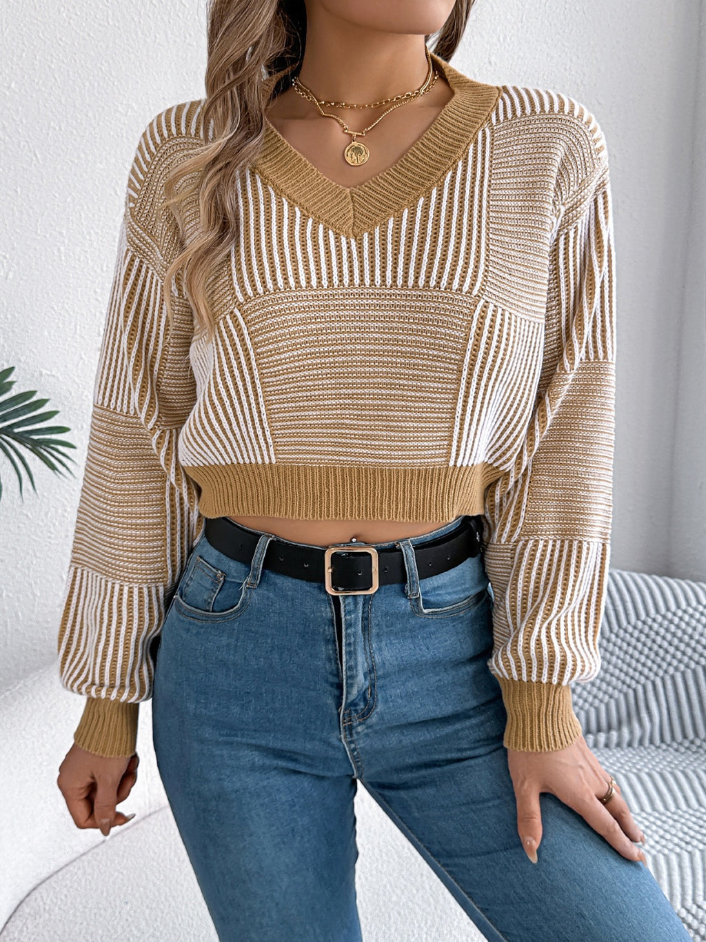 Striped Cropped Women Sweater V-Neck Long Sleeve Soft Knit Pullover b6c8fd3f-b335-4a36-836f-059f5c3d55a4-Max Trendsi