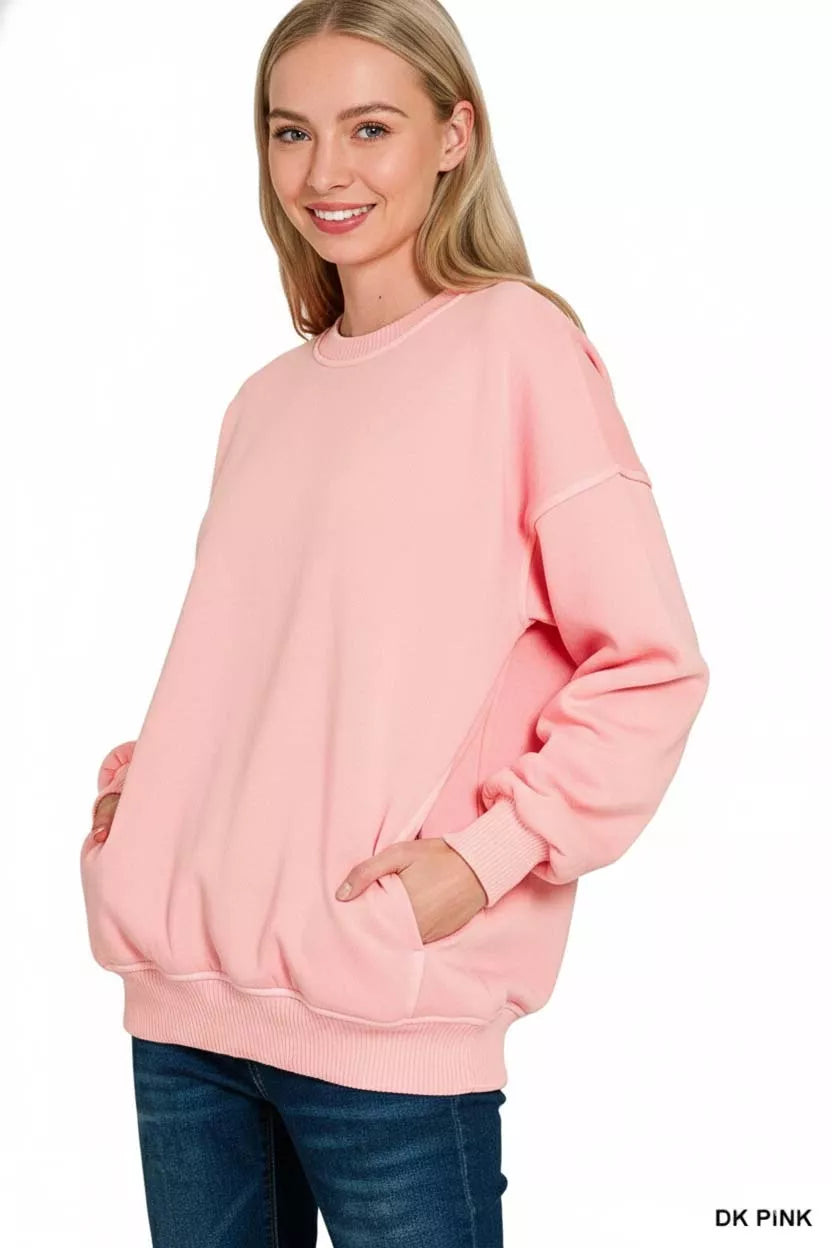 Zenana Womens Fleece Sweatshirt Pink Pigment Dye Oversized Top
