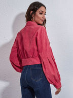 Cropped Jacket Women's Button Down Collared Long Sleeve with Flap Pockets b6d091ec-6e99-4f14-9475-5a8c6b4b7e28-Min Trendsi