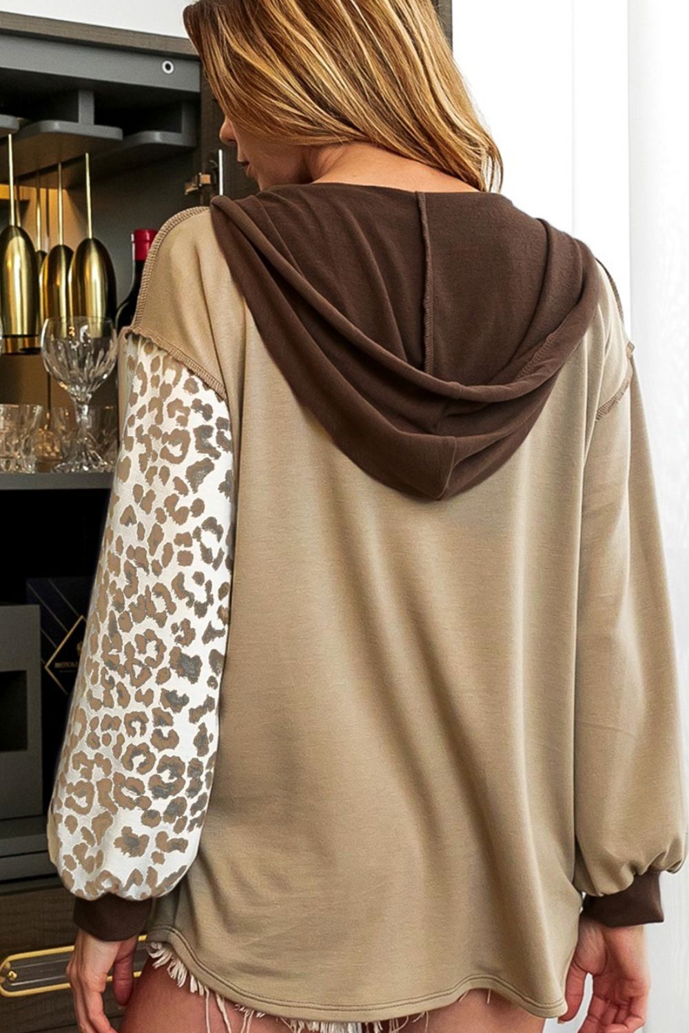 Women Leopard Hoodie Hooded Chest Pocket Half Button Long Sleeve Tops