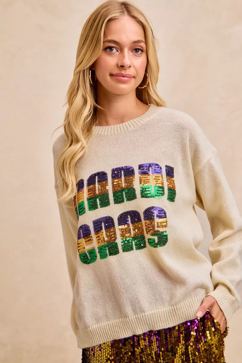 BiBi Women Sweatshirt Ivory Mardi Gras Sequin Lattering Knit Top b6ec17b596b645eb89d3a877d94660d7-Max-Origin Trendsi