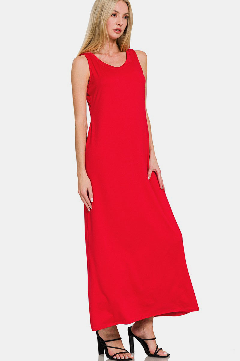 Zenana Red Midi Dress Scoop Neck Wide Strap Tank Solid Long Dress
