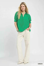 Umgee Blouse Green Seersucker Puff Short Sleeve Top