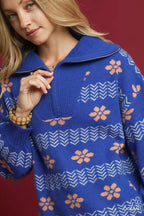 Umgee Womens Sweater Ocean Blue Floral Patterned Jacquard Quarter-Zip Pullover b6fd5820-4cd1-4cf4-acc7-c8b9b56e3434-Max-Origin Trendsi