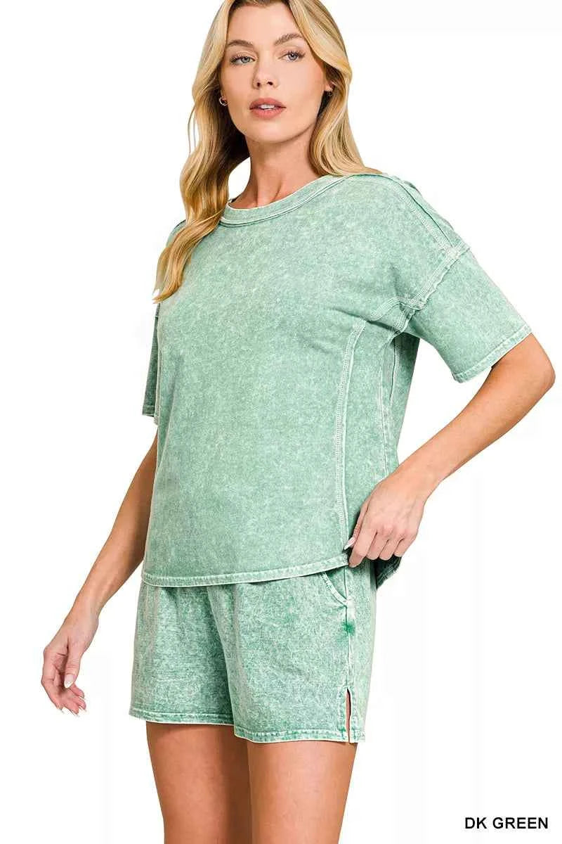 Zenana Tracksuit Set Halo Snow Washed Green Short Sleeve Tee and Shorts b7056707-9ca4-411a-944d-110dfc1c9181-Max-Origin Trendsi