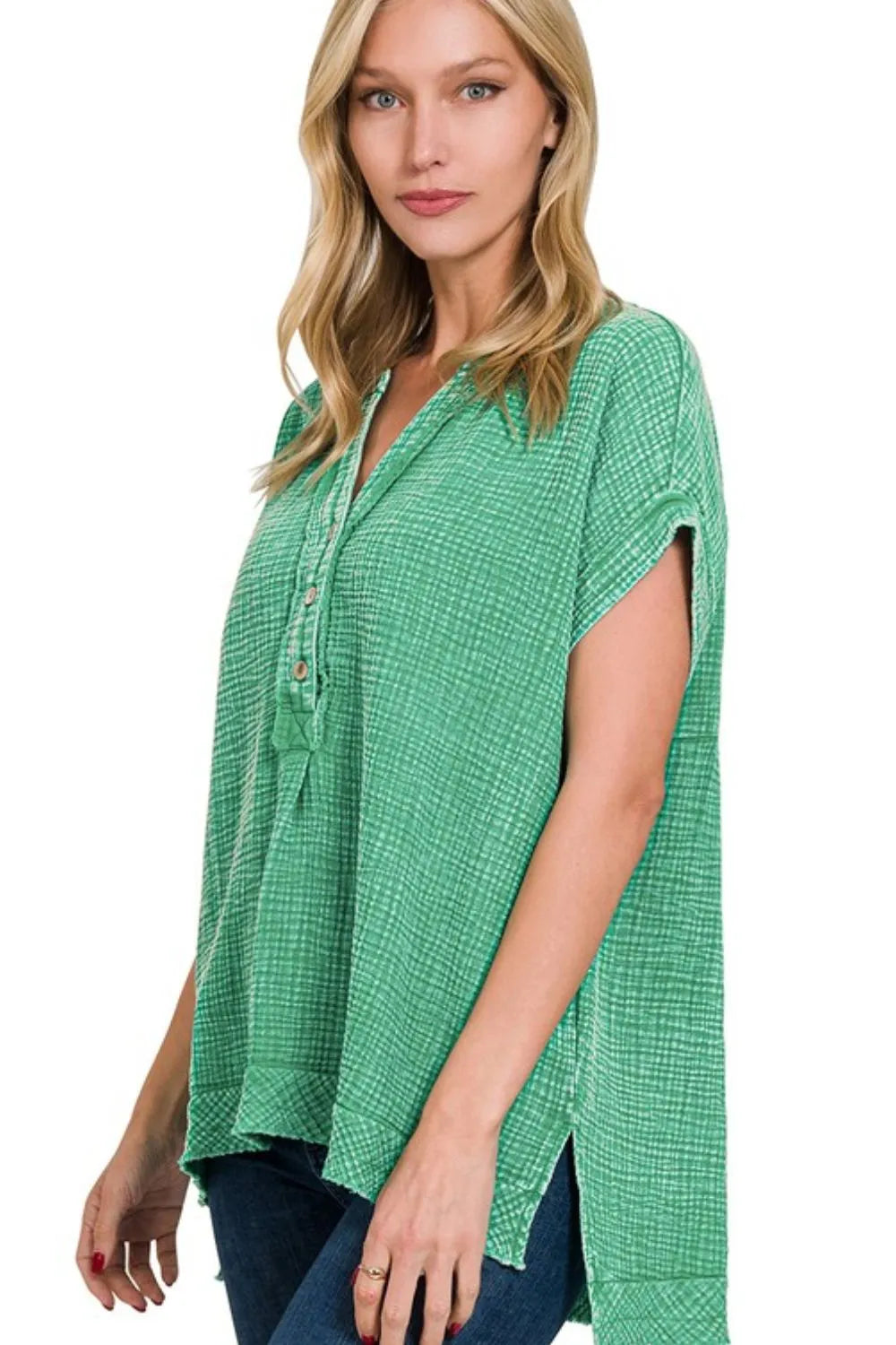 Zenana Tank Top Green Washed Double Gauze 3/4 Button Henley Neck Shirt K GREEN b705e391-c755-4479-9b96-610f1c6924e8-Max-Origin Trendsi