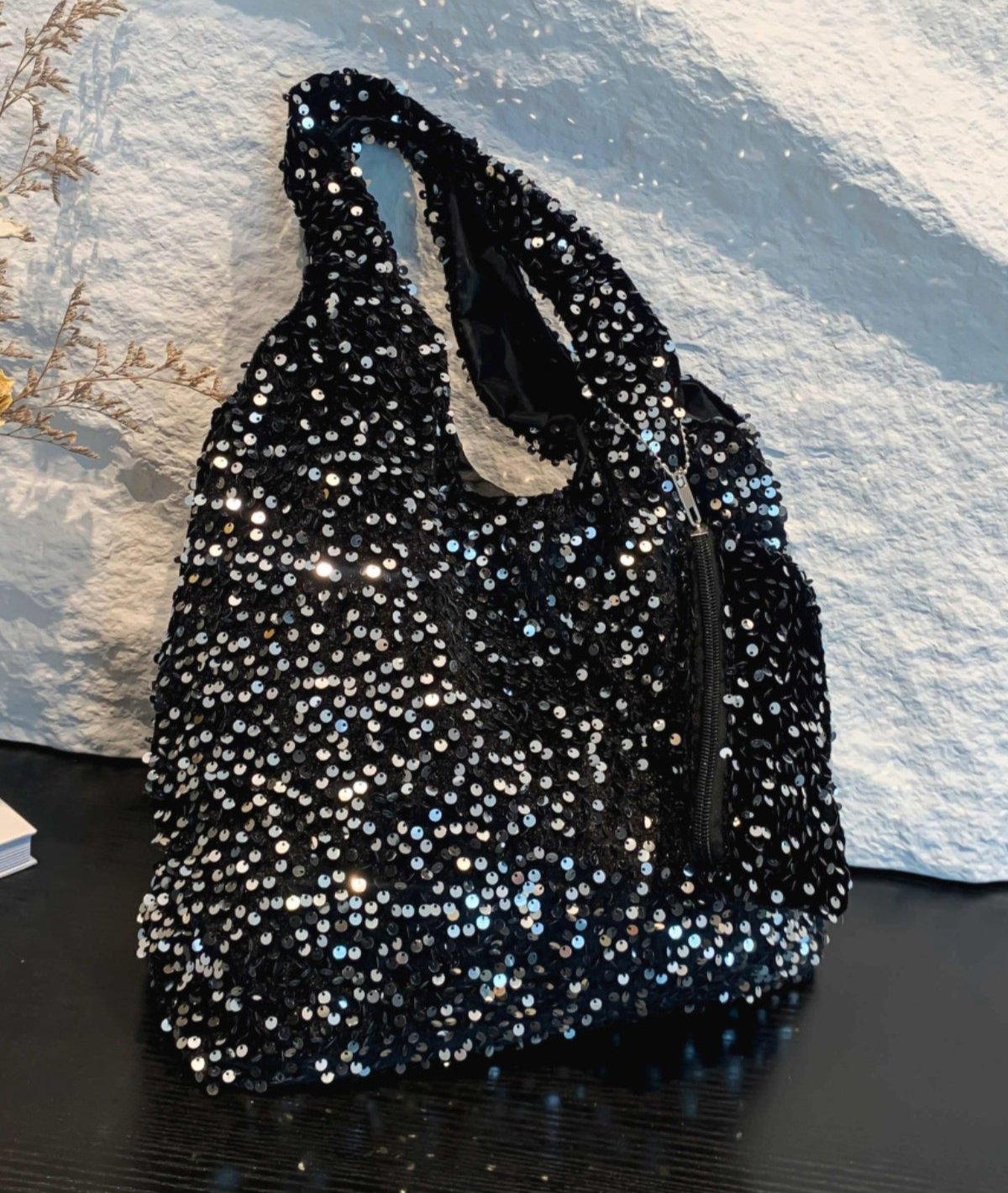 Sequin Handbag Large Women Polyester Fabric Zipper with Mini Purse