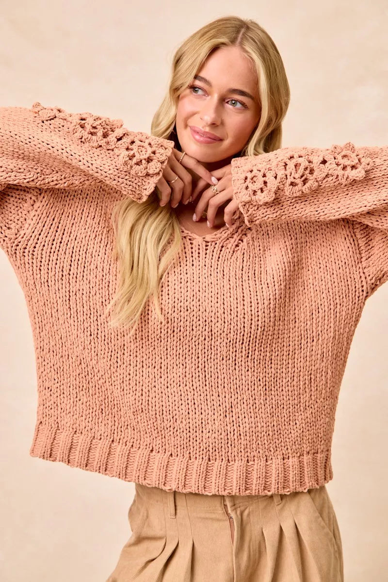 BiBi Womens Sweater Chunky Knit with Flower Detail Sleeves Peach b714c452c7214037b4dc86930f176522-Max-Origin Trendsi