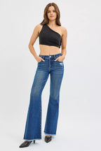 RISEN Womens Flare Jeans Dark Wash Raw Hem High Rise Denim Pants b719b4c9b1f142f68345af2b8a39b6d1-Max-Origin Trendsi