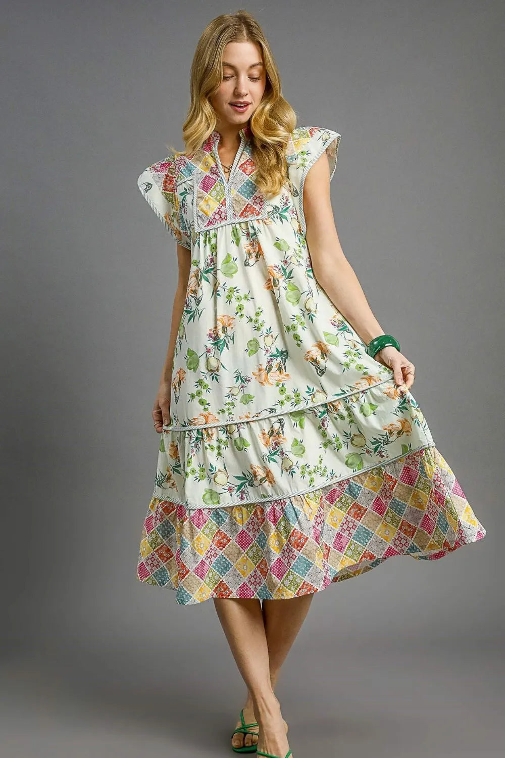 Umgee Midi Dress Cotton Floral Garden Patchwork Colorful Ruffled Short Sleeve b7278122-a650-4f62-9fbd-49292a4d92c5-Max-Origin Trendsi