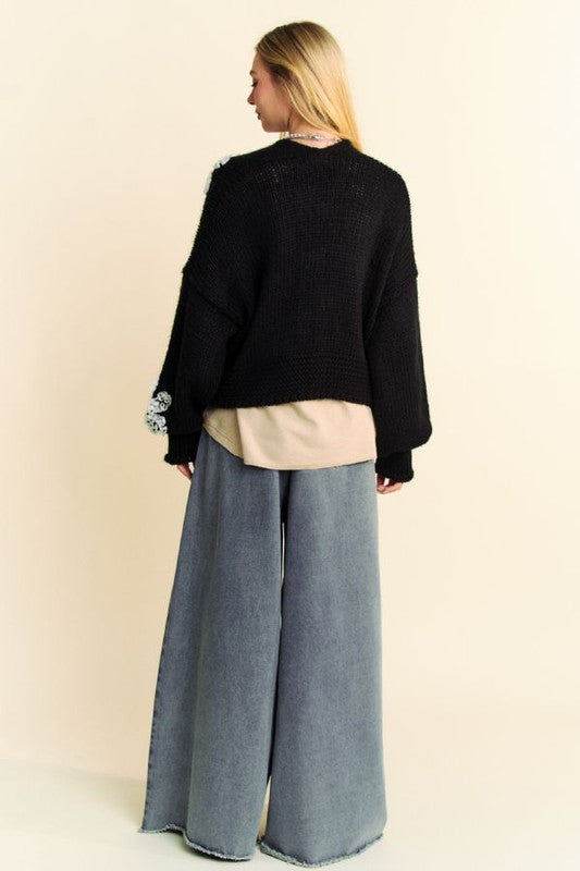 Davi & Dani Floral Applique Cardigan Black Women Open Front Long Sleeve b728bb14-0474-4cad-b002-c679d129fb96-Max Trendsi