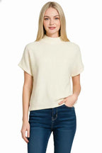 Zenana Mock Neck Sweater Top Cream Waffle-Knit Short Sleeve b72e78ad-d42c-42c8-8652-93a9067c965b-Max-Origin Trendsi