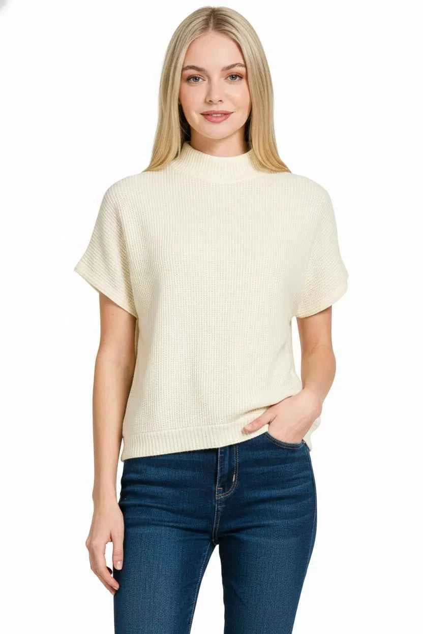 Zenana Mock Neck Sweater Top Cream Waffle-Knit Short Sleeve b72e78ad-d42c-42c8-8652-93a9067c965b-Max-Origin Trendsi