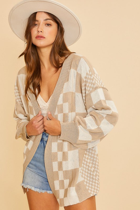 Women's Cardigan Annie Wear Checkered Open Front Tan Long Sleeve Tan b7408acf-1b44-4fde-ac21-a03ddec887e9-Max Trendsi