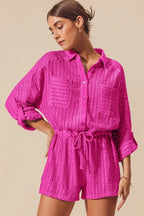 SO ME Romper Textured Knit Fuchsia Pink Button Front Drawstring Waist b74186af71884c4e904db80e042d3d60-Max-Origin Trendsi