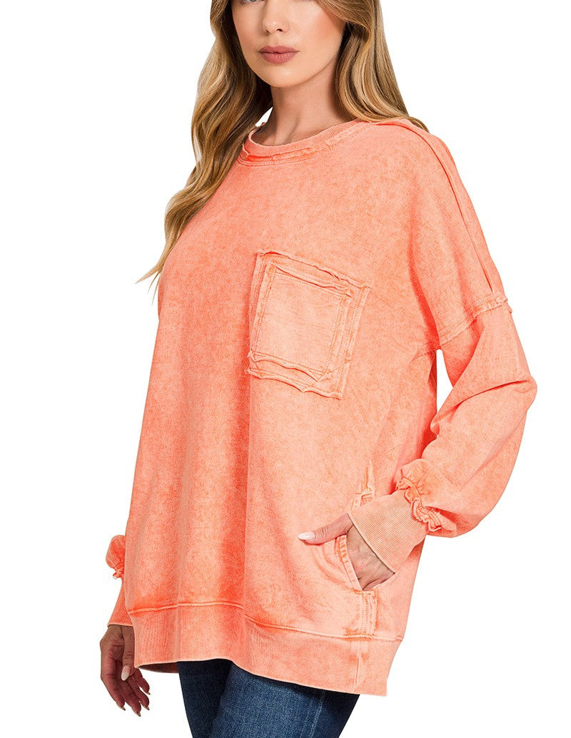 Zenana Halo Washed French Terry Sweatshirt with Exposed Seams