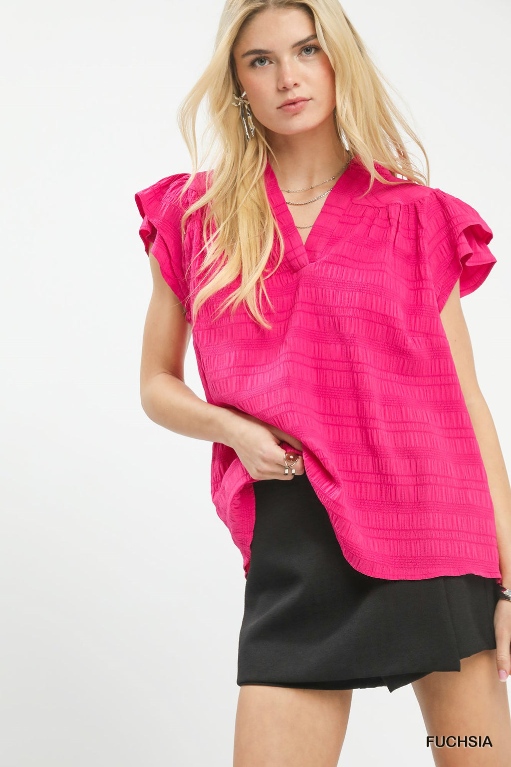 Umgee Textured Flutter Sleeve Split Neck Top