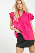 Umgee Textured Flutter Sleeve Split Neck Top