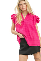 Umgee Textured Flutter Sleeve Split Neck Top