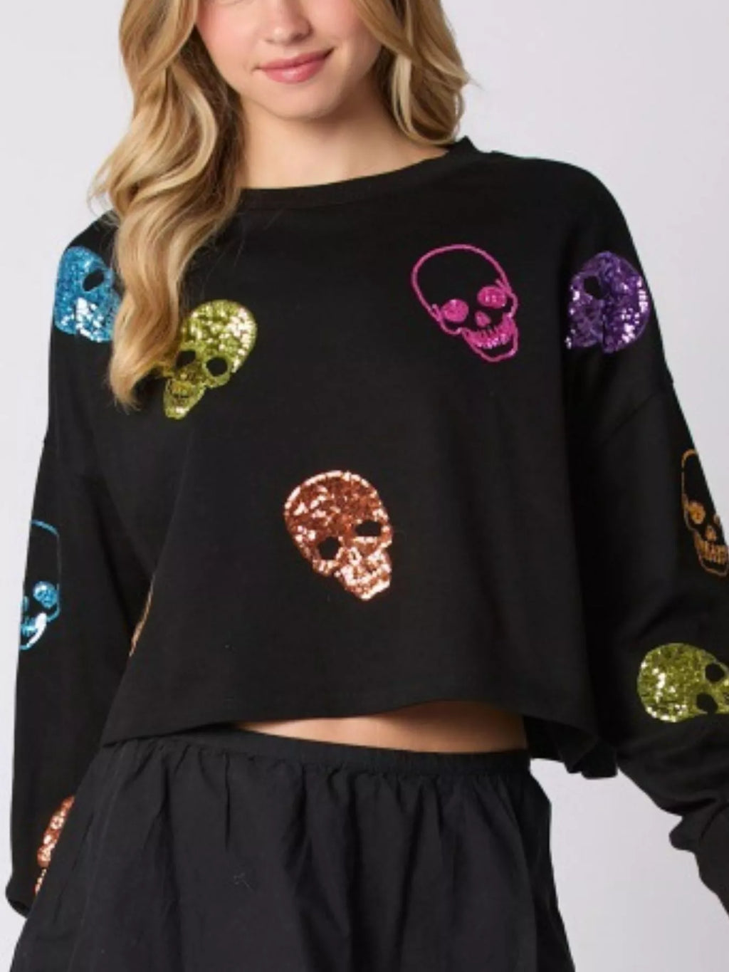 Women's Sweatshirt Sequin Skull Long Sleeve Pullover Black b74f3a11-512c-4633-a268-9e3dc6a214a4-Max-Origin Trendsi