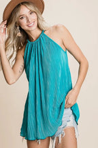 BiBi Halter Top Teal Pleating Knit Ruched Tied Blouse b755e18a9c40449786964009418ff1e1-Max-Origin Trendsi