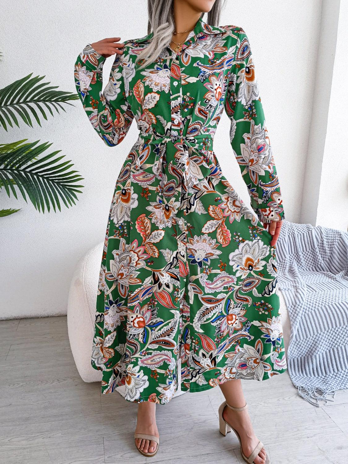 Midi Dress Floral Tied Printed Long Sleeve Shirt Dresses b755ef18-196a-465c-b104-410ca7a86868-Max Trendsi
