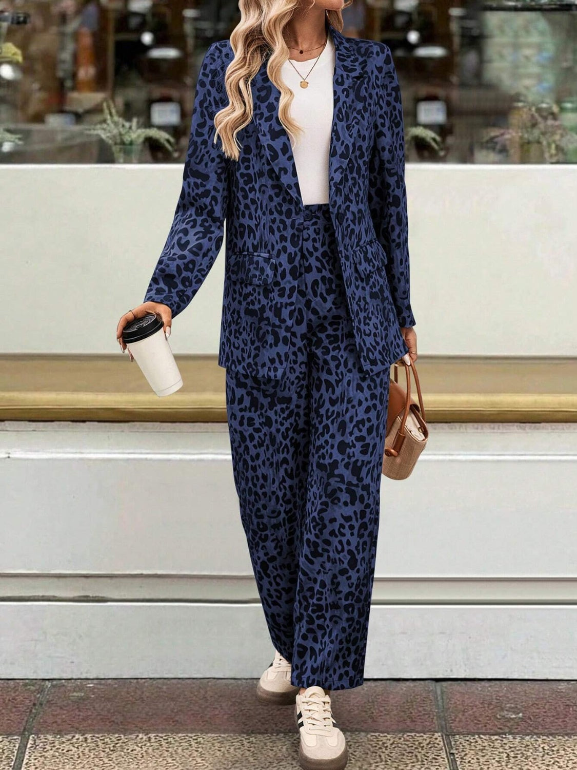 Leopard Lapel Outfit Suit Set Collar Long Sleeve Blazer and Pants Set 2 Pcs