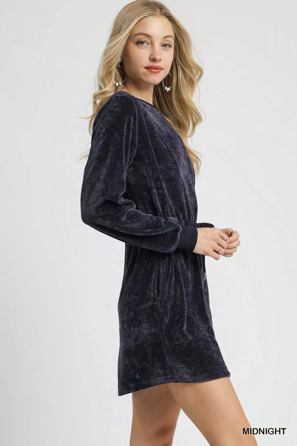 Umgee Mini Dress Velour Midnight Drawstring with Long Sleeves b75f2e07-090b-497b-8bb8-6228123981ac-Max-Origin Trendsi