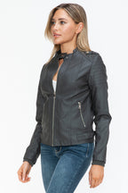 Snobbish PU Leather Biker Jacket Women Black with Side Zip Pockets b7645af0-1413-4ebd-ba99-14e0a22af30b-Max Trendsi