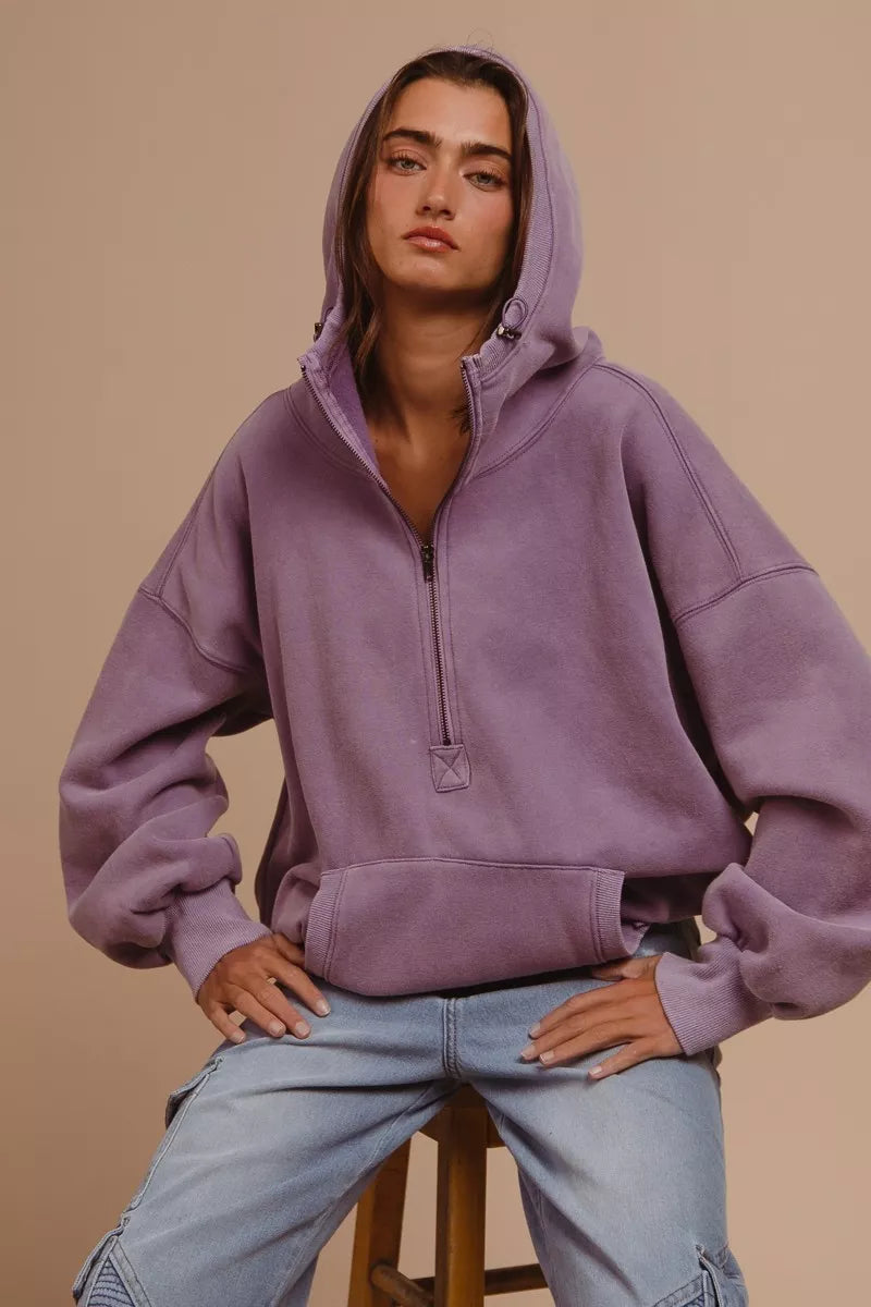 BiBi Women's Fleece Hoodie Purple Stitch Detailed Elastic Hem Half Zip Top b76ec822-b4cf-48f8-a8d3-d4e58f2799c9-Max-Origin Trendsi