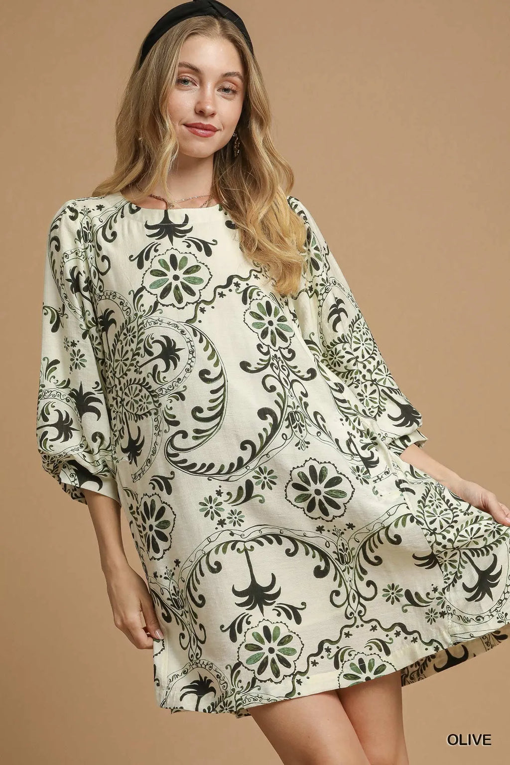 Umgee Mini Dress Boho Olive Printed Balloon 3/4 Sleeve Olive b7704ebd-41f5-47fe-ba82-7ee89c9298c4-Max-Origin Trendsi