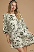 Umgee Mini Dress Boho Olive Printed Balloon 3/4 Sleeve Olive b7704ebd-41f5-47fe-ba82-7ee89c9298c4-Max-Origin Trendsi