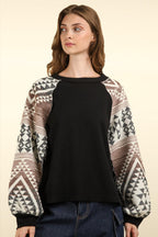 VERY J US Geometric Long Sleeve Round Neck Knit Top Black b771236f-36cb-4fc4-935e-bb6eff460645-Max Trendsi